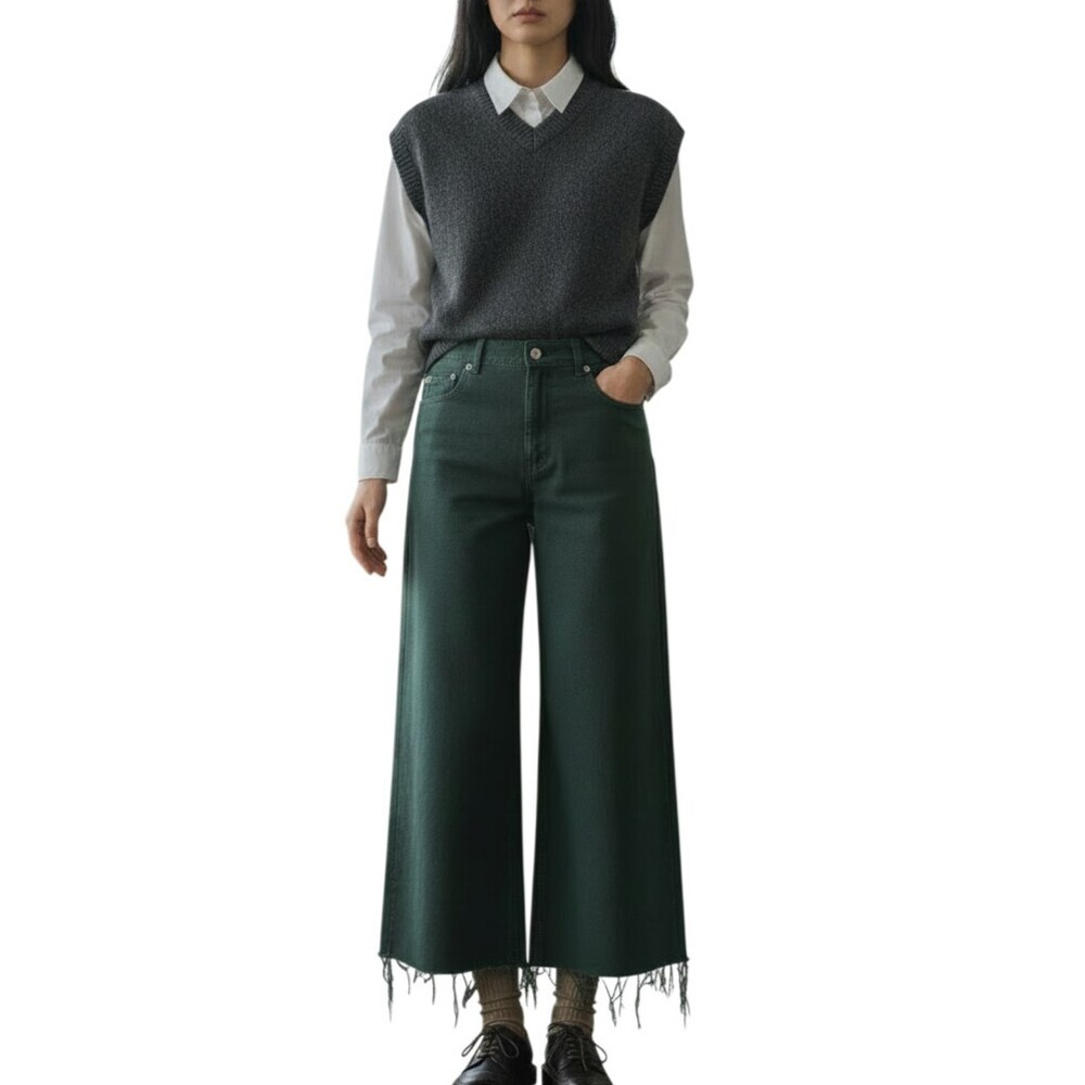 Zara Forest Green High Rise Wide Leg Jeans Dark Academia Minimalist Size 2